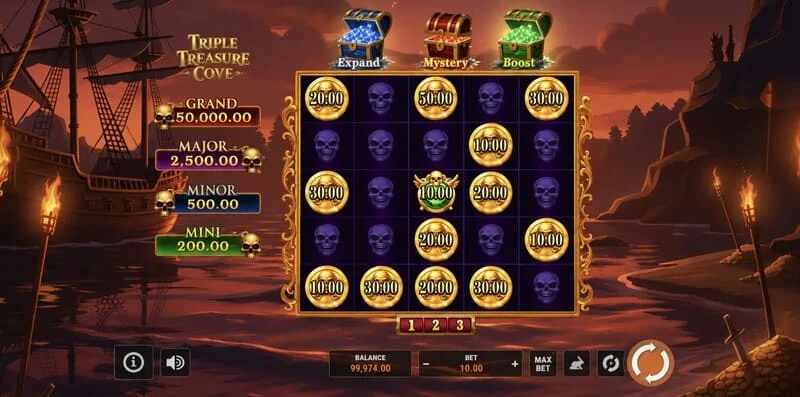 Triple Treasure Cove - Pantalla principal con rodillos y cala pirata
